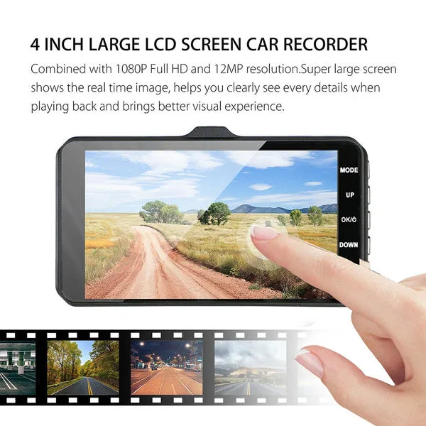 A6T 4-Inch 170° Wide Angle Full HD 1080P Car DVR Dual Lens Dash Cam Rear View Camera Video Recorder with Touch Screen