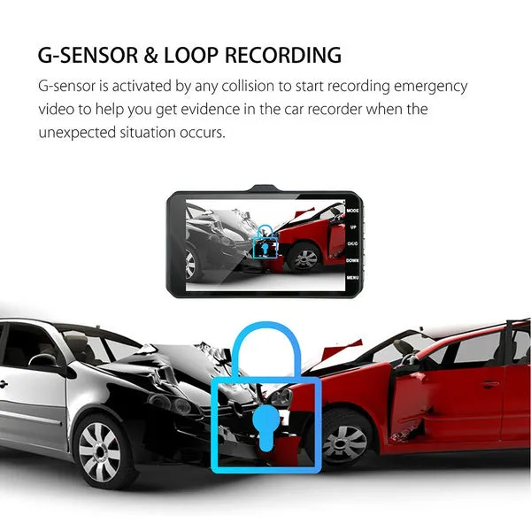 A6T 4-Inch 170° Wide Angle Full HD 1080P Car DVR Dual Lens Dash Cam Rear View Camera Video Recorder with Touch Screen