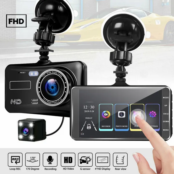 A6T 4-Inch 170° Wide Angle Full HD 1080P Car DVR Dual Lens Dash Cam Rear View Camera Video Recorder with Touch Screen