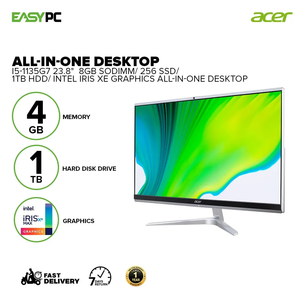 Acer i5-1135G7 23.8"/8gb Sodimm/256 SSD/1Tb HDD/Intel Iris XE Graphics/USB Kb and Mouse/Speakers/Webcam/Wifi /BT 5.0/Gigabit LAN/Win10 Home/Office Home DQ. BFSSP.005 All-In-One Desktop 11BRI ACDQ2331