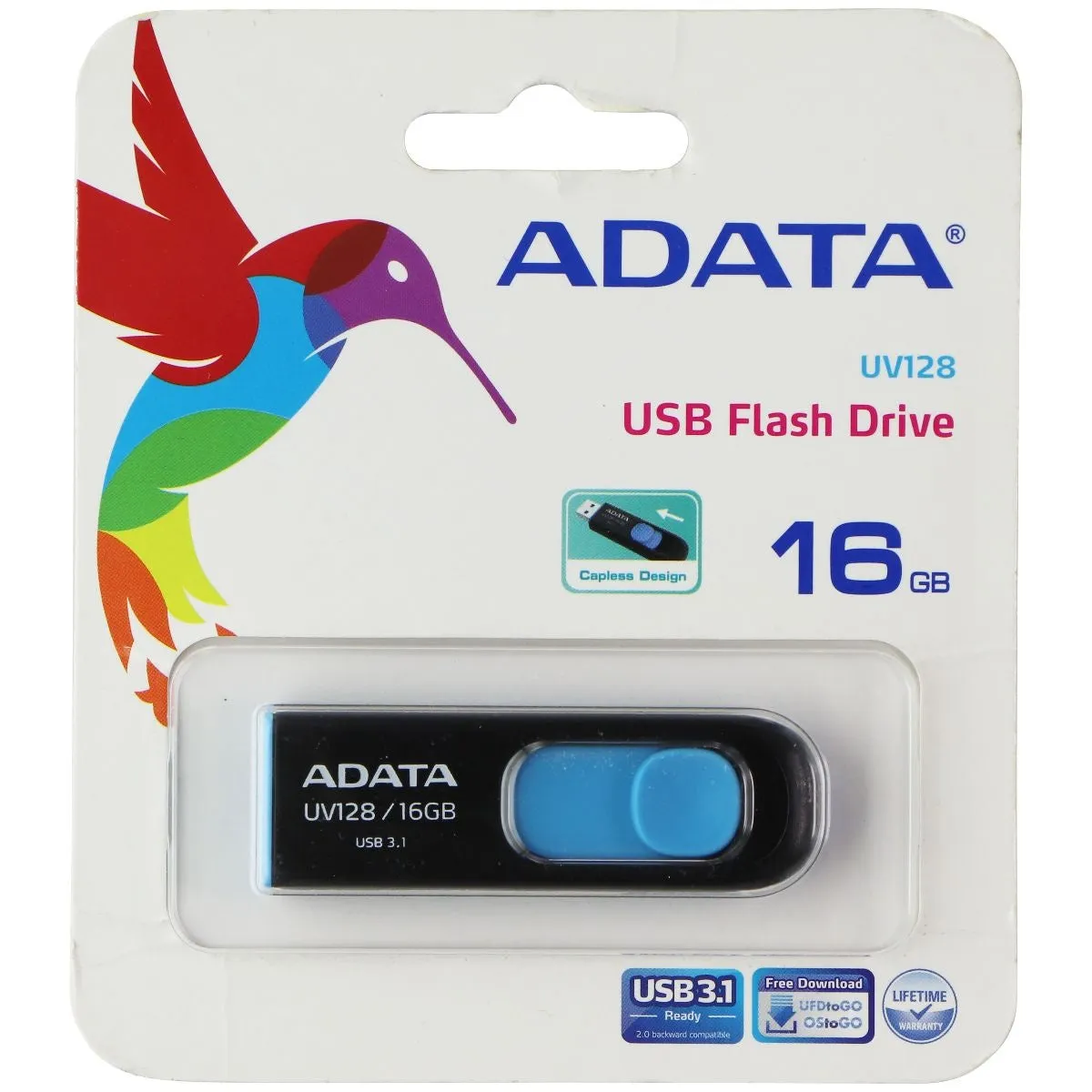 ADATA UV128 16GB USB 3.0 Retractable Capless Flash Drive, Blue (AUV128-16G-RBE)