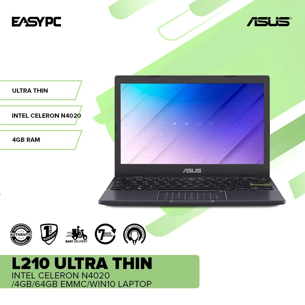 Asus  L210 Ultra Thin  Intel Celeron N4020 4Gb Win10  64Gb Emmc  Home And Office  Laptop Ps