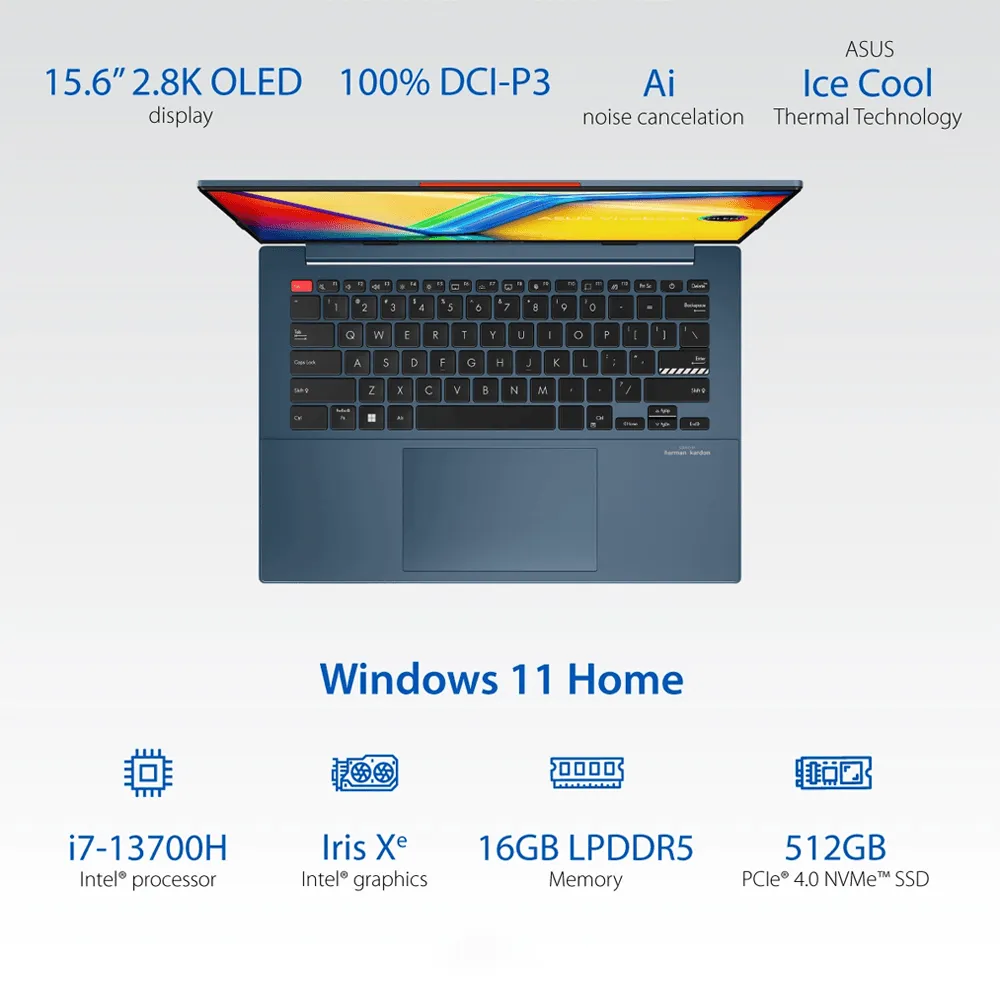 Asus VivoBook S 15 OLED K5504VA-MA007W Laptop (Intel Core i7-13700H - 16GB Ram - M.2 NVMe 512GB - Intel Iris Xe Graphics - 15.6 Inch 2.8K OLED 120Hz - Win11) - Solar Blue