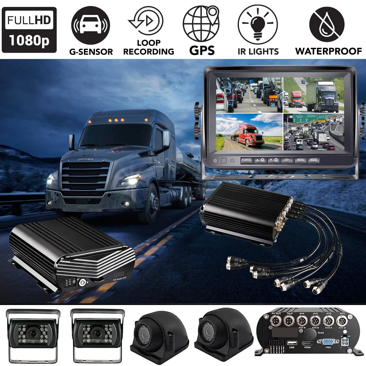 Black Box Fleet Dash Cam, 3-8 Cam MDVR System, 1080N, HDD Drive, GPS