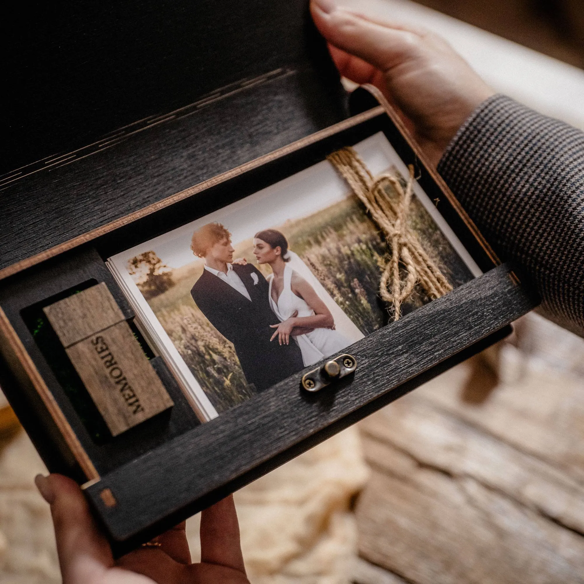 Black Wooden Photo Box with USB Flash Drive for Wedding Clients