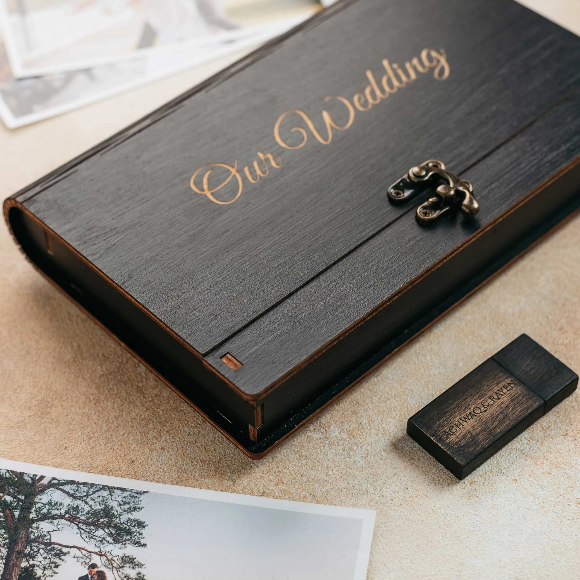 Black Wooden Photo Box with USB Flash Drive for Wedding Clients