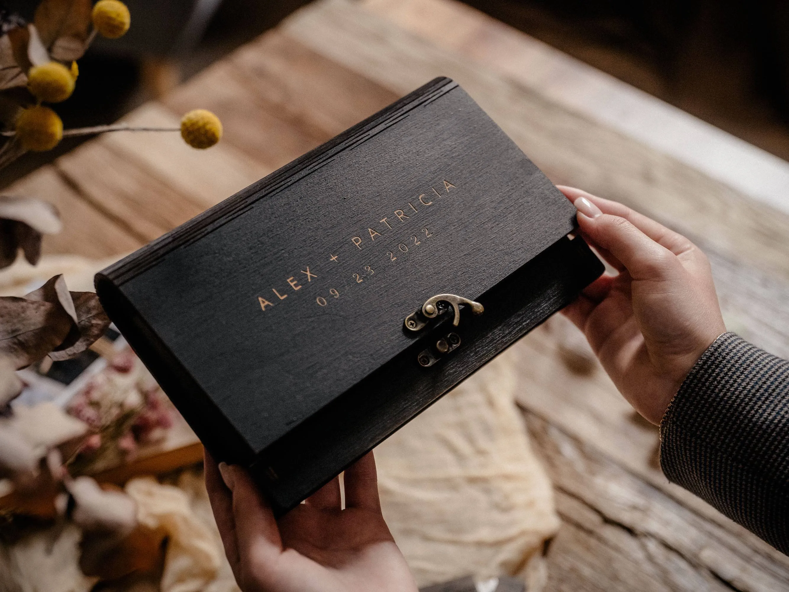 Black Wooden Photo Box with USB Flash Drive for Wedding Clients