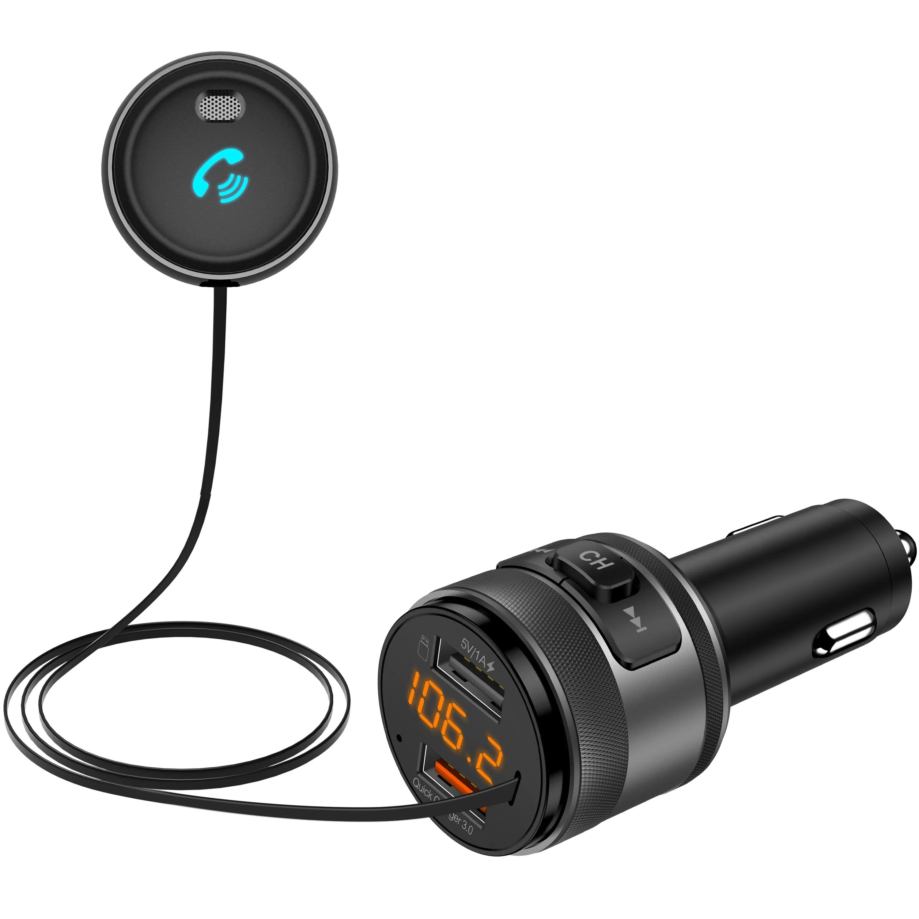 Bluetooth FM Transmitter for Music Streaming, Charging, USB Drive and Hands-Free Calls Through Your Car’s 12V Socket