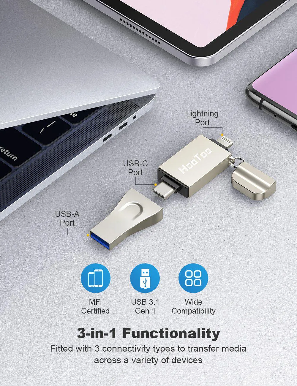 HooToo Flash Drive 3 in 1 External Drive, USB 3.1 Memory Backup Stick