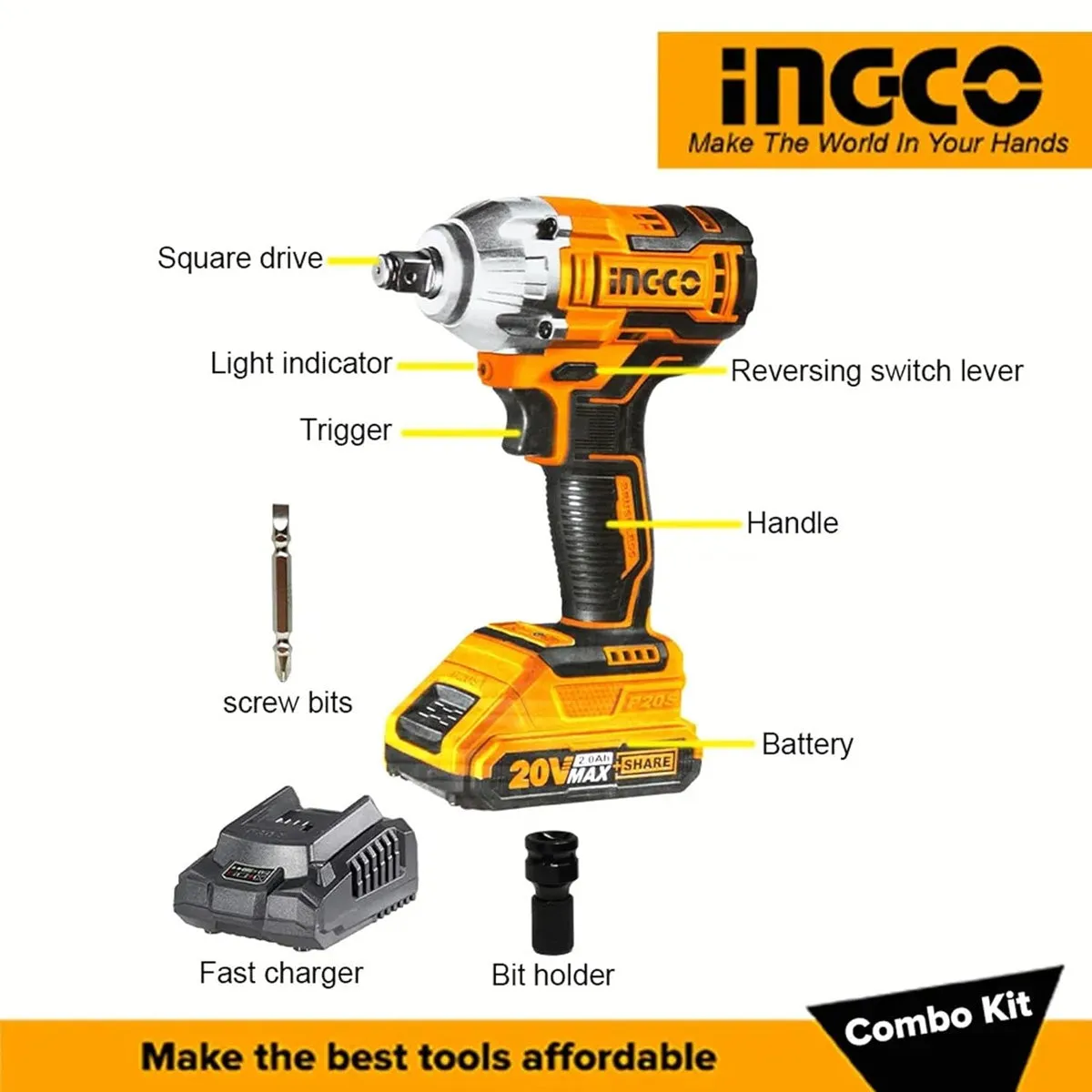 Ingco COSLI23011 20V Cordless Impact Wrench Combo Kit with Work Lamp, Socket Set & Screwdriver - Powerful Lithium-Ion Performance