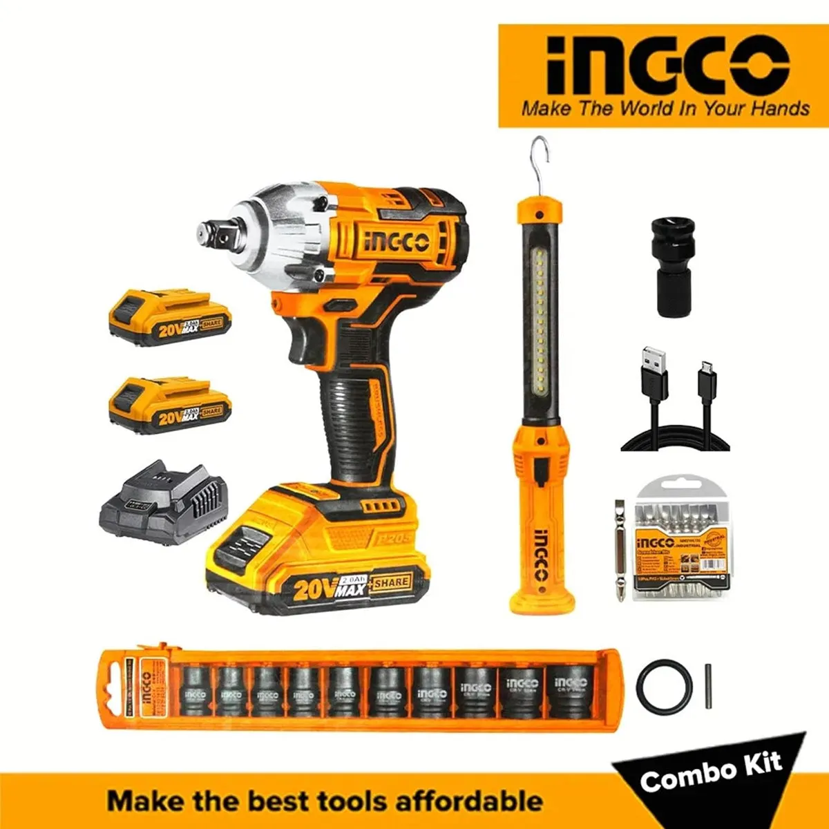 Ingco COSLI23011 20V Cordless Impact Wrench Combo Kit with Work Lamp, Socket Set & Screwdriver - Powerful Lithium-Ion Performance