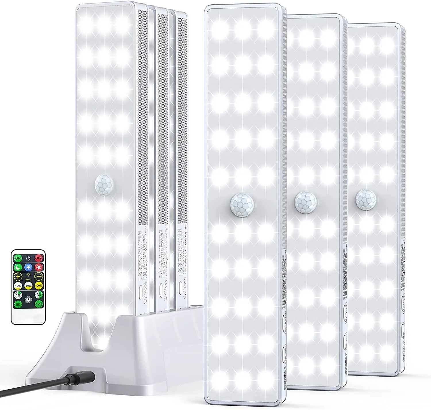 LED Closet Light with Charging Station, 30Leds Dimmer Rechargeable Motion Sensor under Cabinet Lighting with Remote Control, Wireless Stick-Anywhere Night Light for Wardrobe,Kitchen-6 Pcs