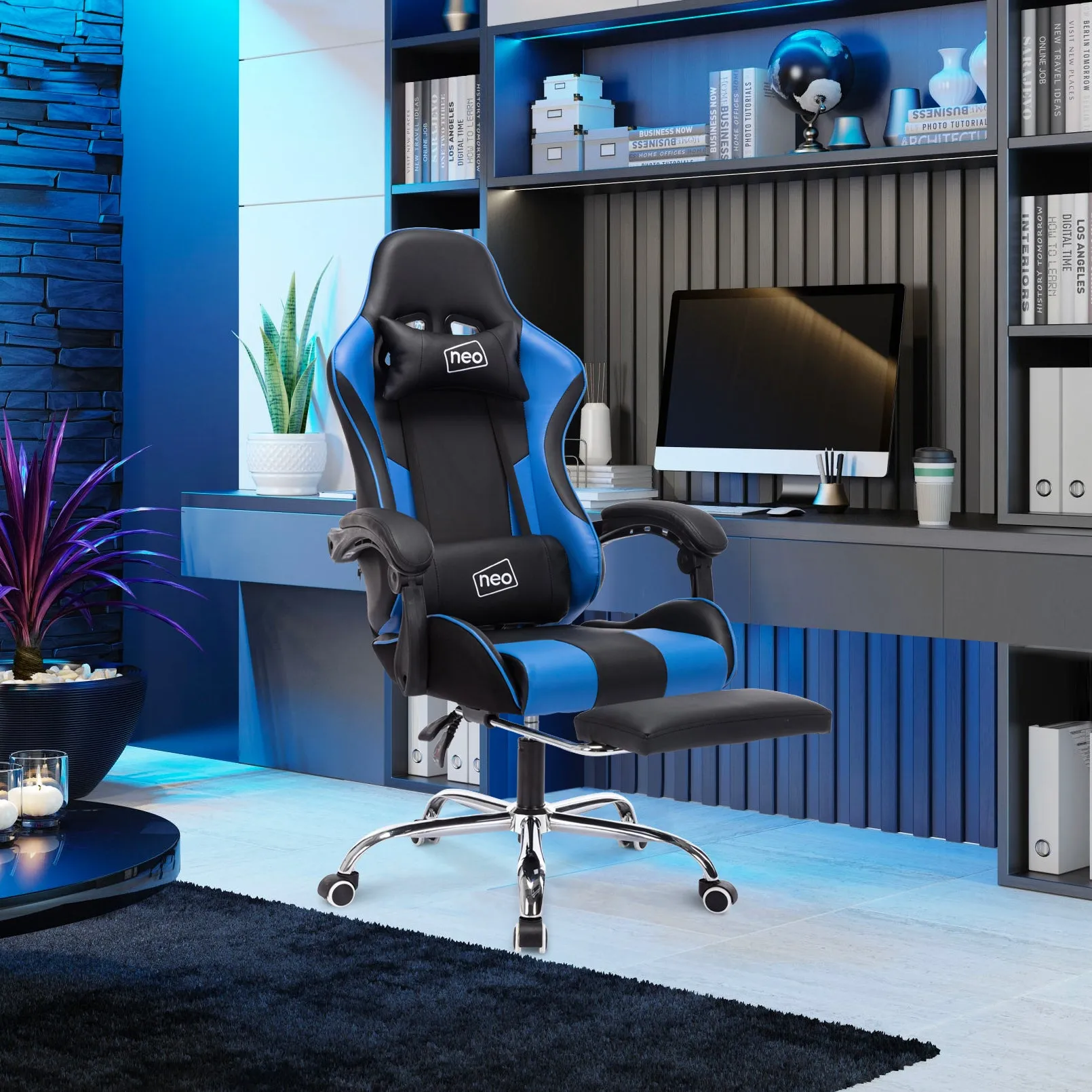 Neo Blue and Black Leather Gaming Chair With Massage Function & Footrest