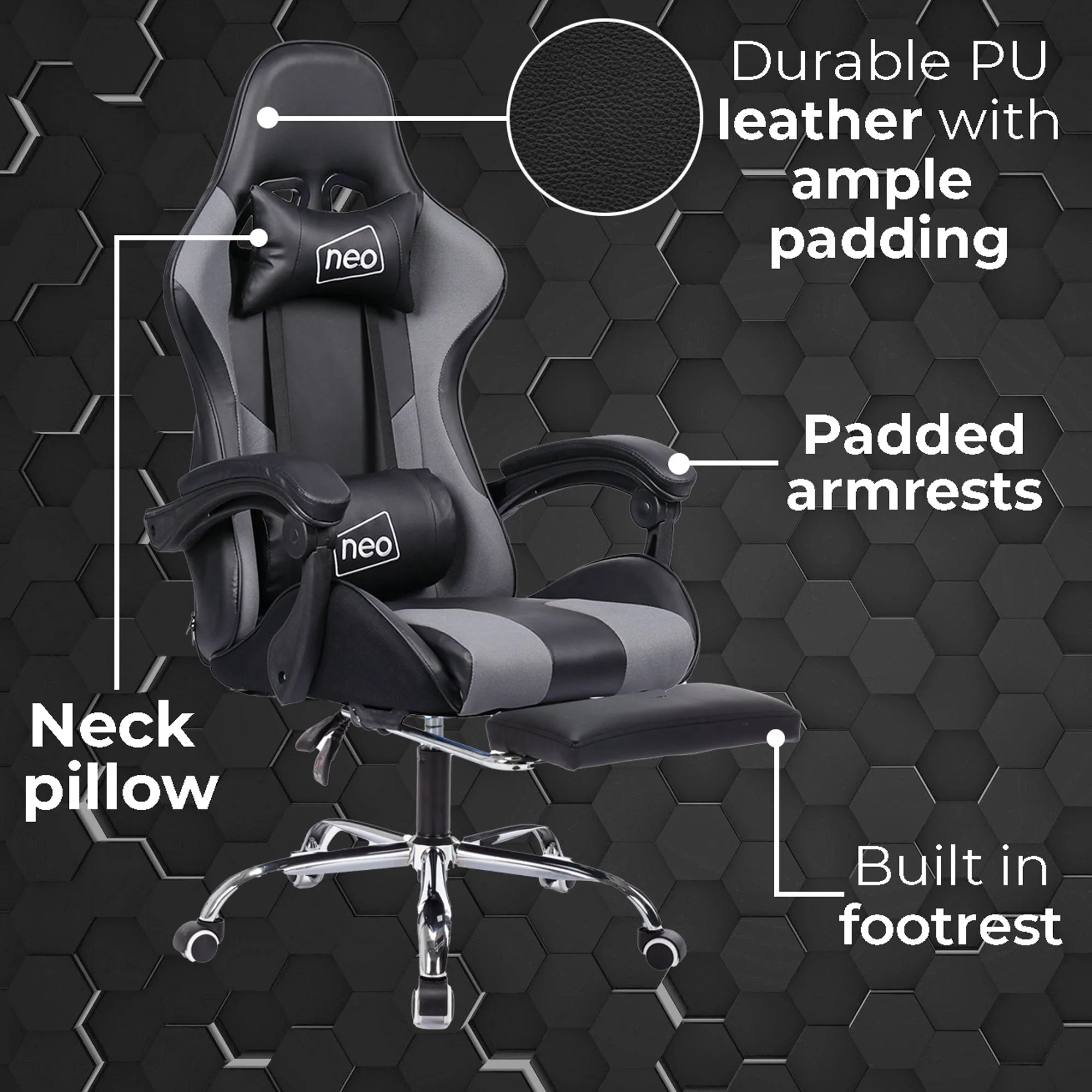 Neo Grey/Black Leather Gaming Chair with Massage Function