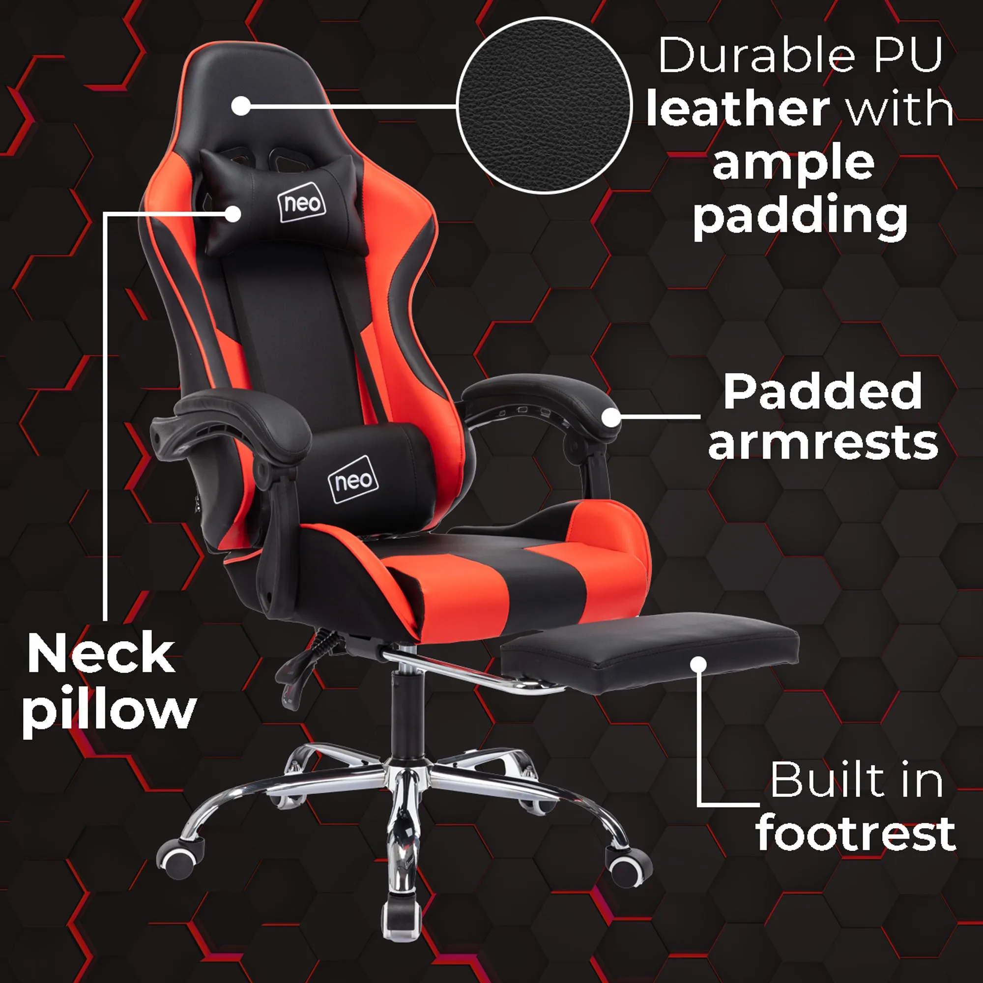 Neo Red/Black Leather Gaming Chair with Massage Function