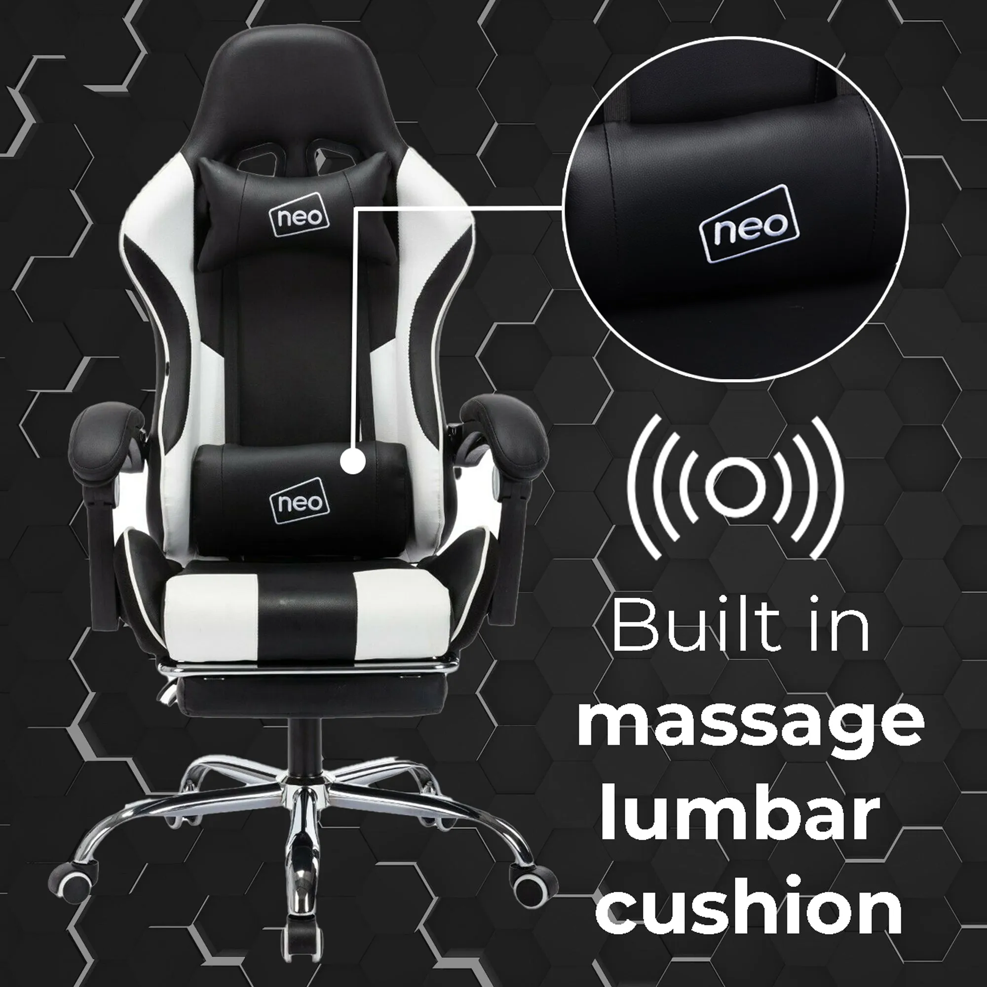 Neo White/Black Leather Gaming Chair with Massage Function & Footrest