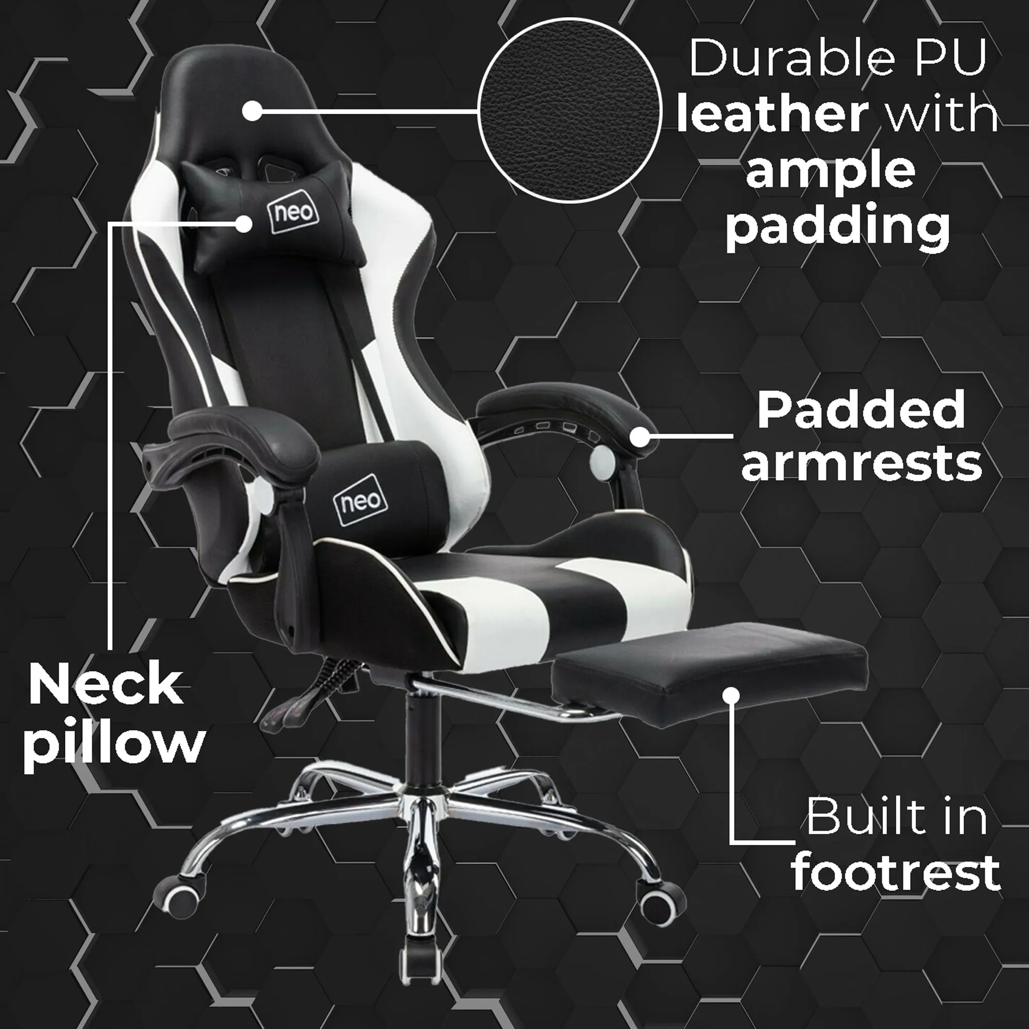 Neo White/Black Leather Gaming Chair with Massage Function & Footrest