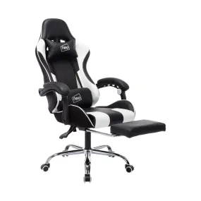 Neo White/Black Leather Gaming Chair with Massage Function & Footrest