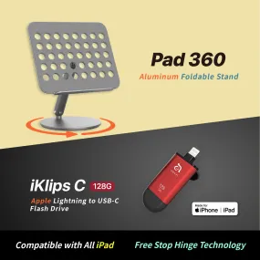 Pad 360 Aluminum Foldable Stand   iKlips C Apple Lightning/USB-C Flash Drive 128GB