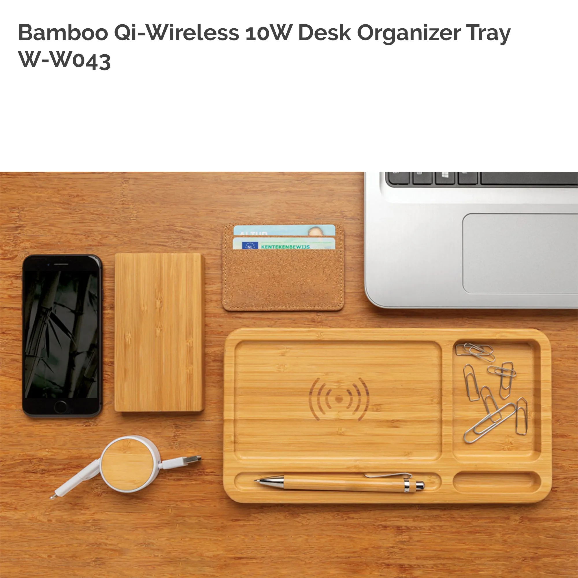 Solid Bamboo Desktop Organizer Tray with Wireless Charger (BLACKFOOT)