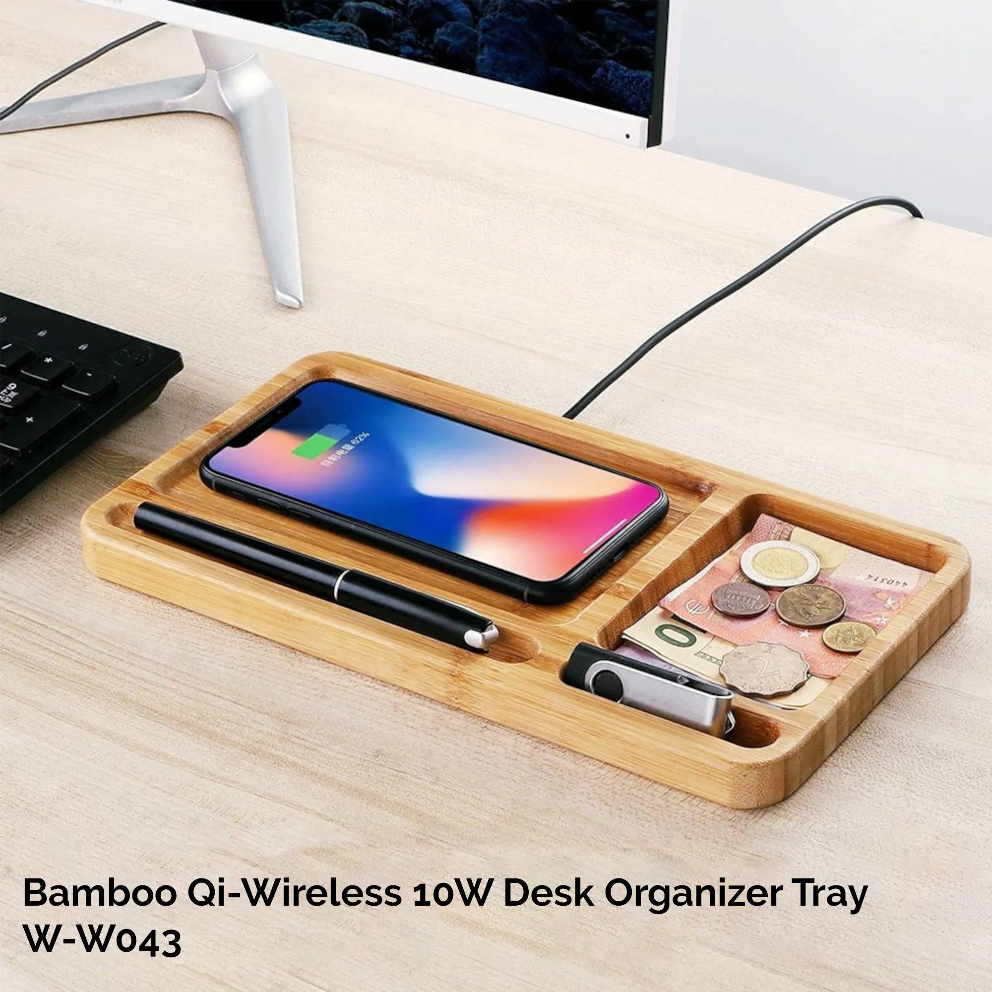 Solid Bamboo Desktop Organizer Tray with Wireless Charger (BLACKFOOT)