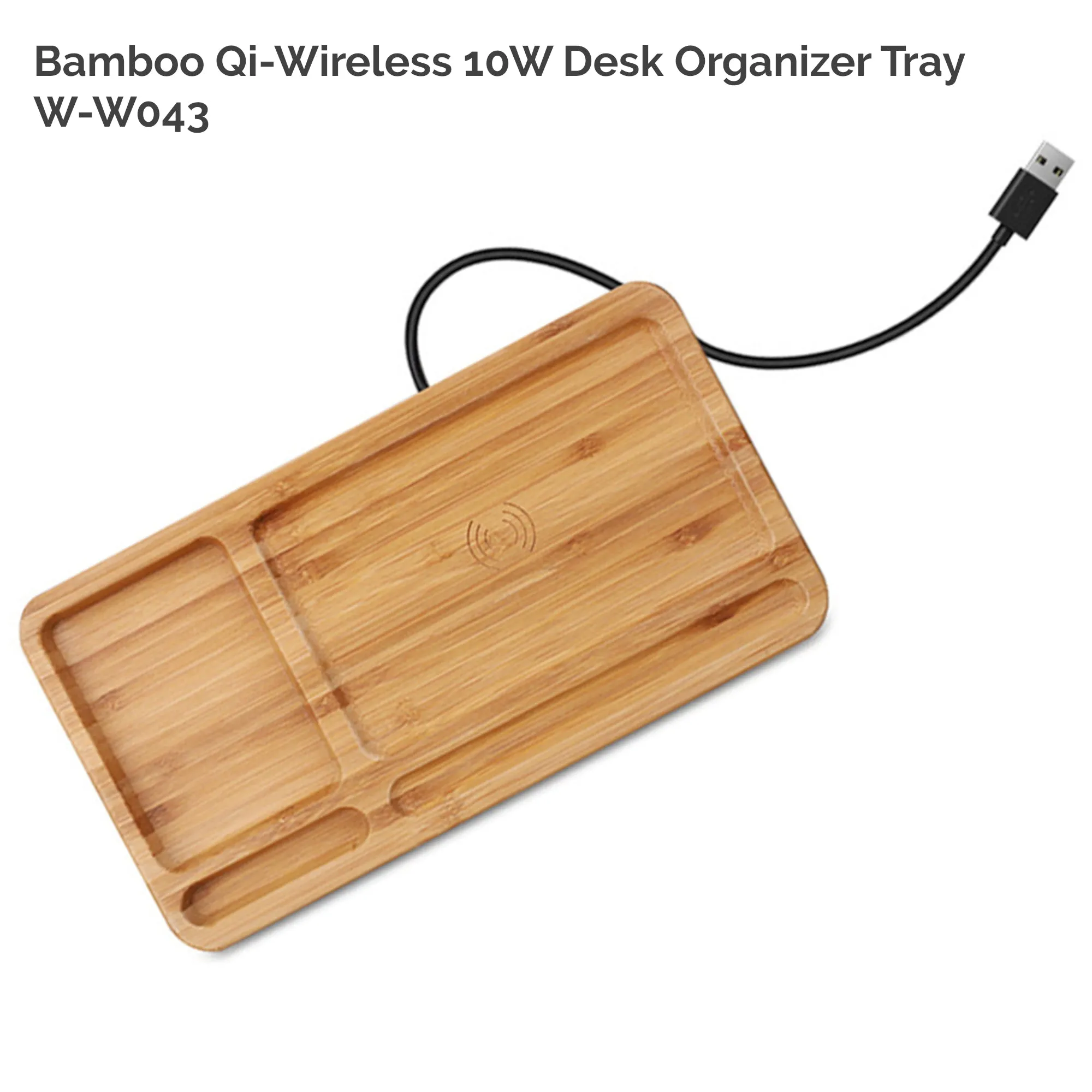 Solid Bamboo Desktop Organizer Tray with Wireless Charger (BLACKFOOT)