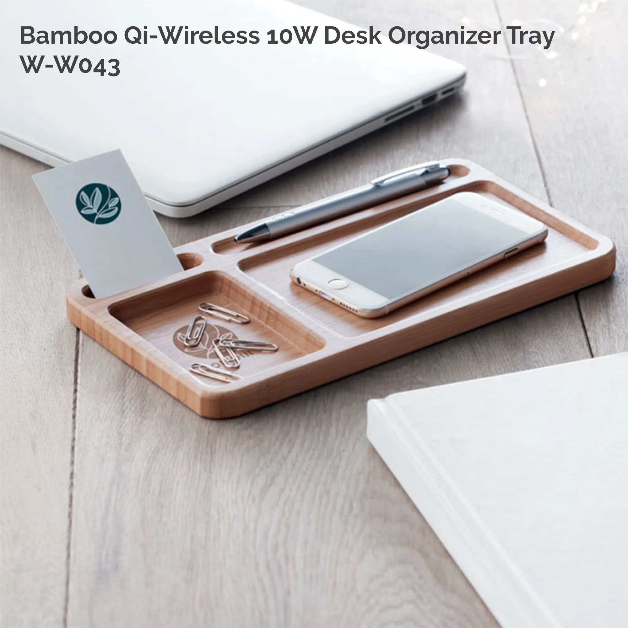 Solid Bamboo Desktop Organizer Tray with Wireless Charger (BLACKFOOT)