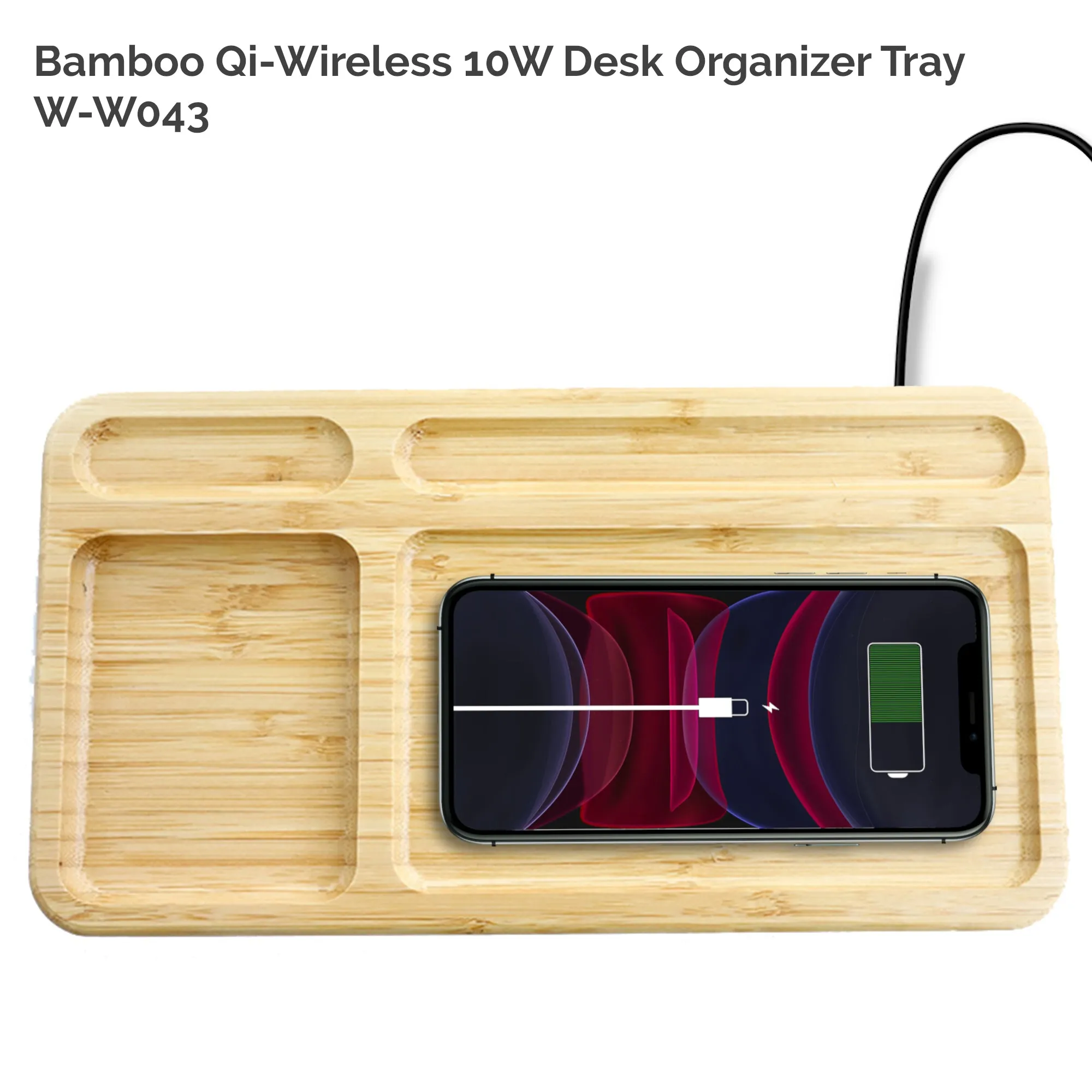 Solid Bamboo Desktop Organizer Tray with Wireless Charger (BLACKFOOT)