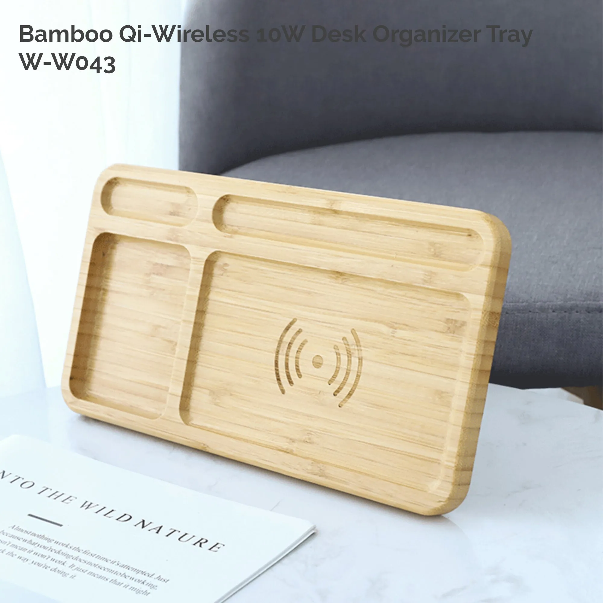 Solid Bamboo Desktop Organizer Tray with Wireless Charger (BLACKFOOT)