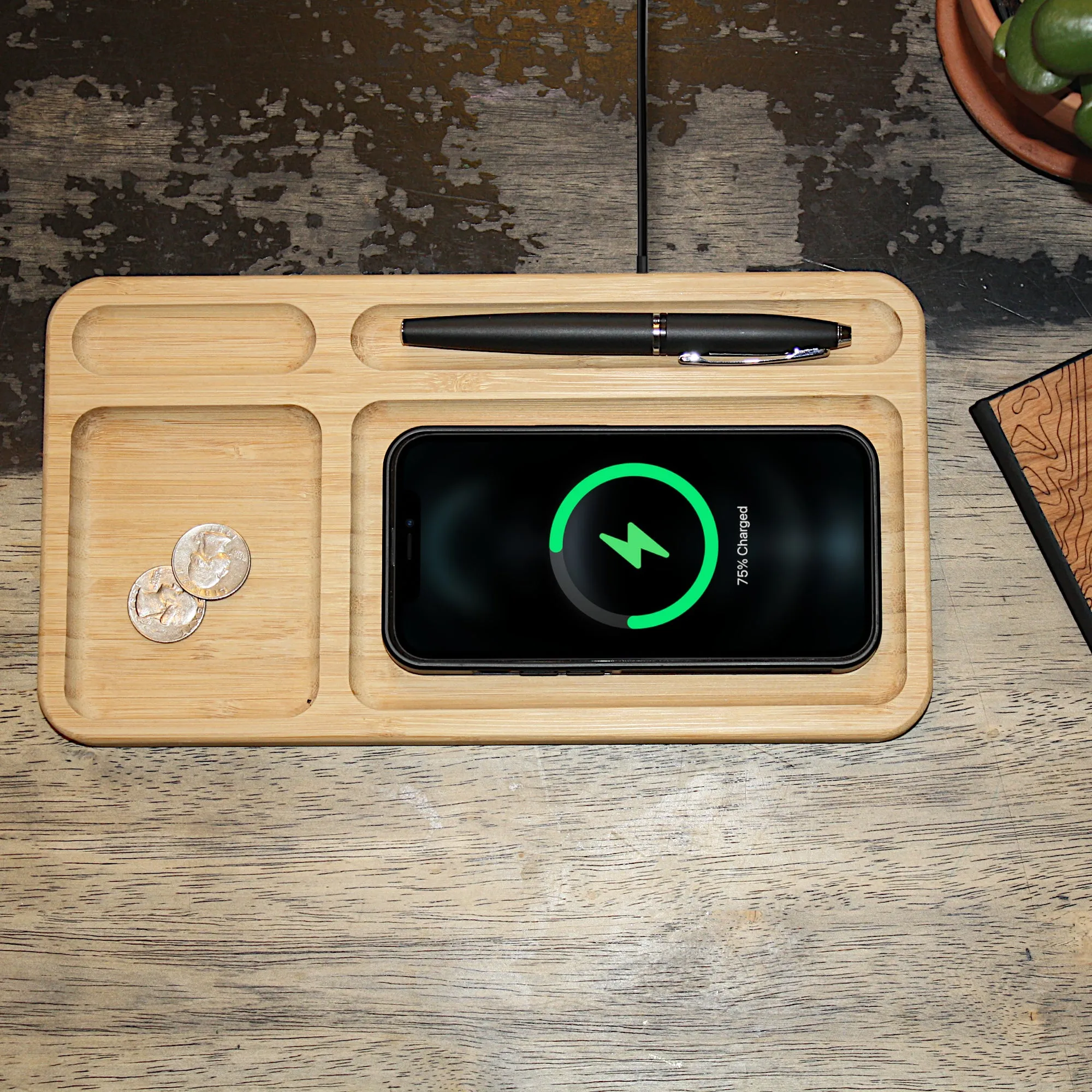 Solid Bamboo Desktop Organizer Tray with Wireless Charger (BLACKFOOT)