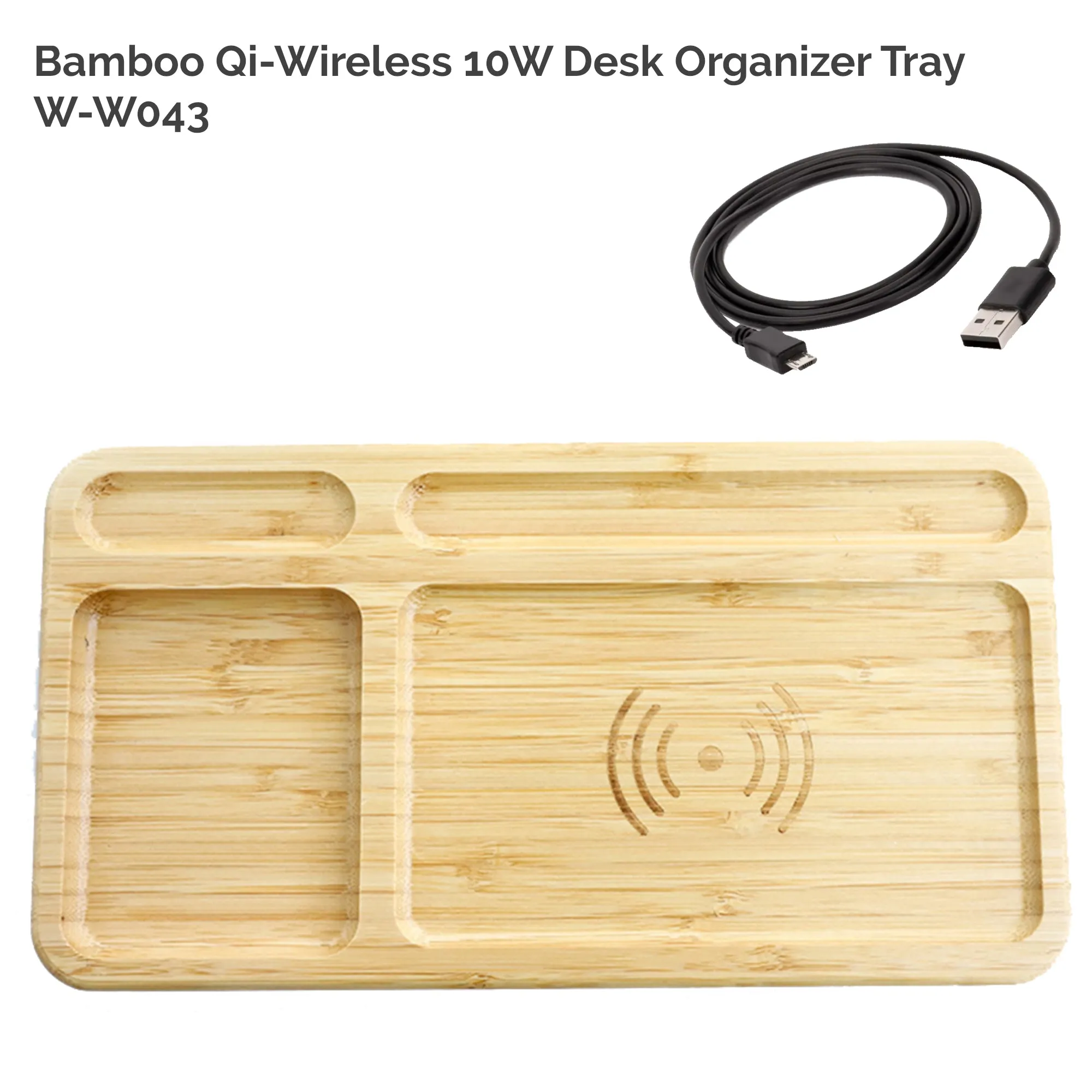 Solid Bamboo Desktop Organizer Tray with Wireless Charger (BLACKFOOT)