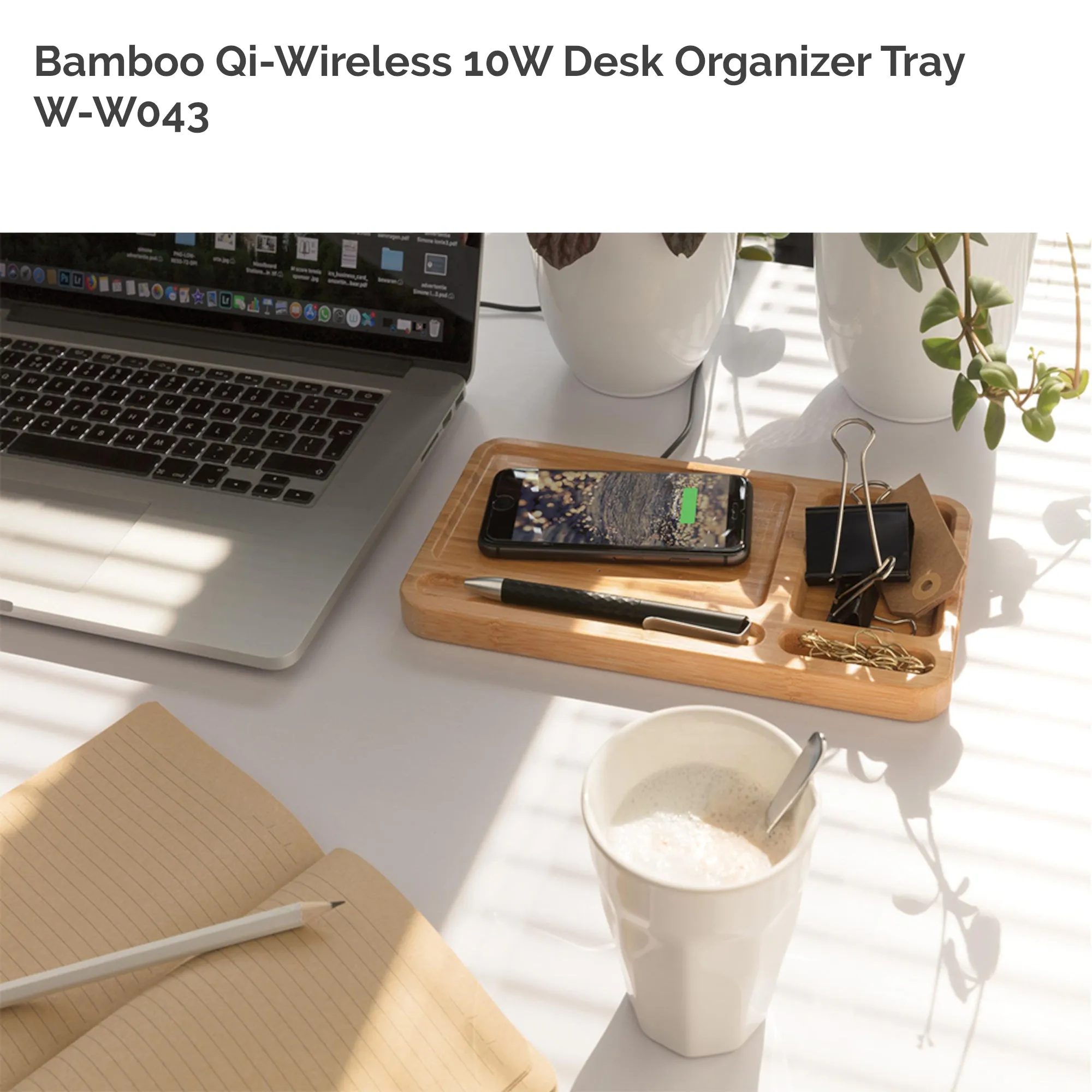 Solid Bamboo Desktop Organizer Tray with Wireless Charger (BLACKFOOT)