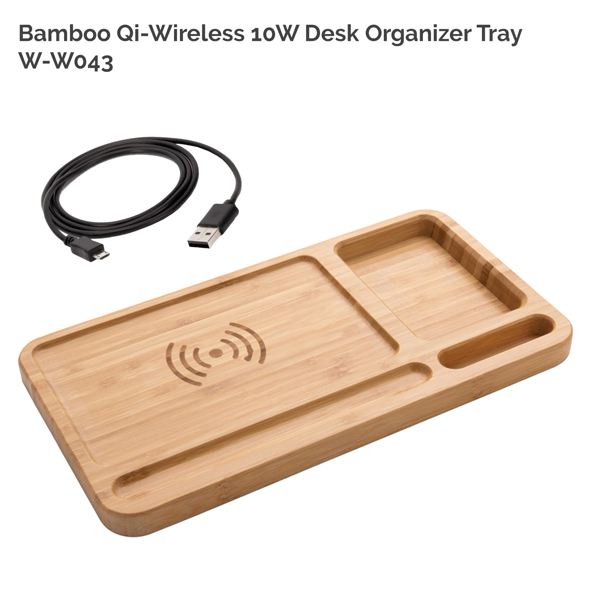 Solid Bamboo Desktop Organizer Tray with Wireless Charger (BLACKFOOT)