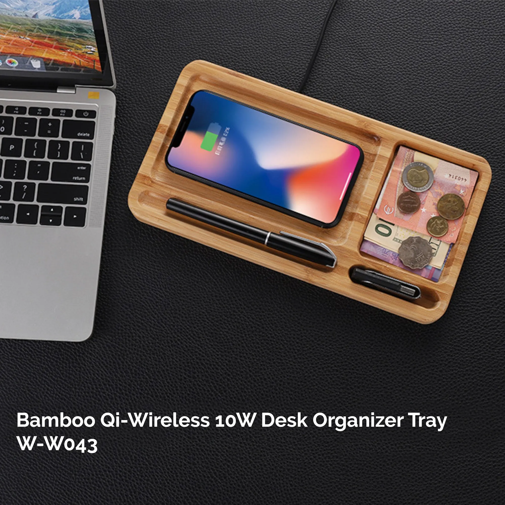 Solid Bamboo Desktop Organizer Tray with Wireless Charger (BLACKFOOT)