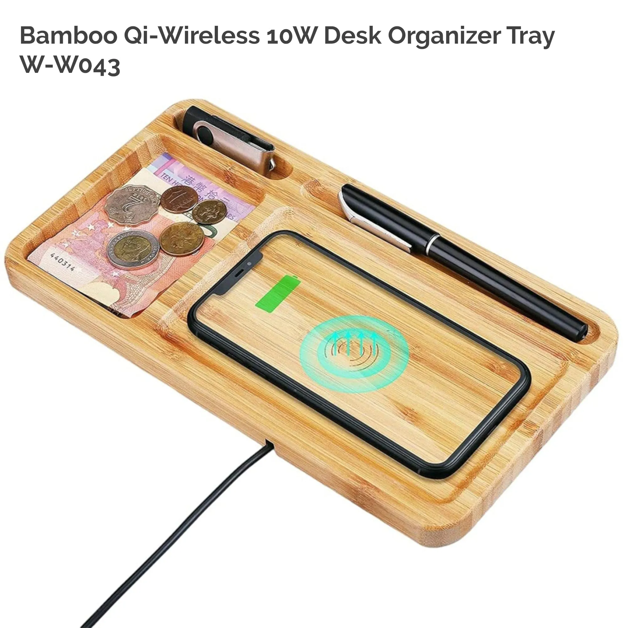 Solid Bamboo Desktop Organizer Tray with Wireless Charger (BLACKFOOT)