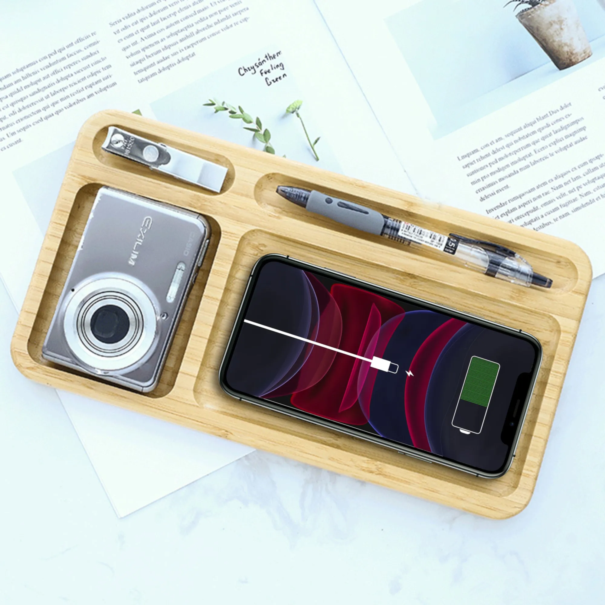 Solid Bamboo Desktop Organizer Tray with Wireless Charger (BLACKFOOT)