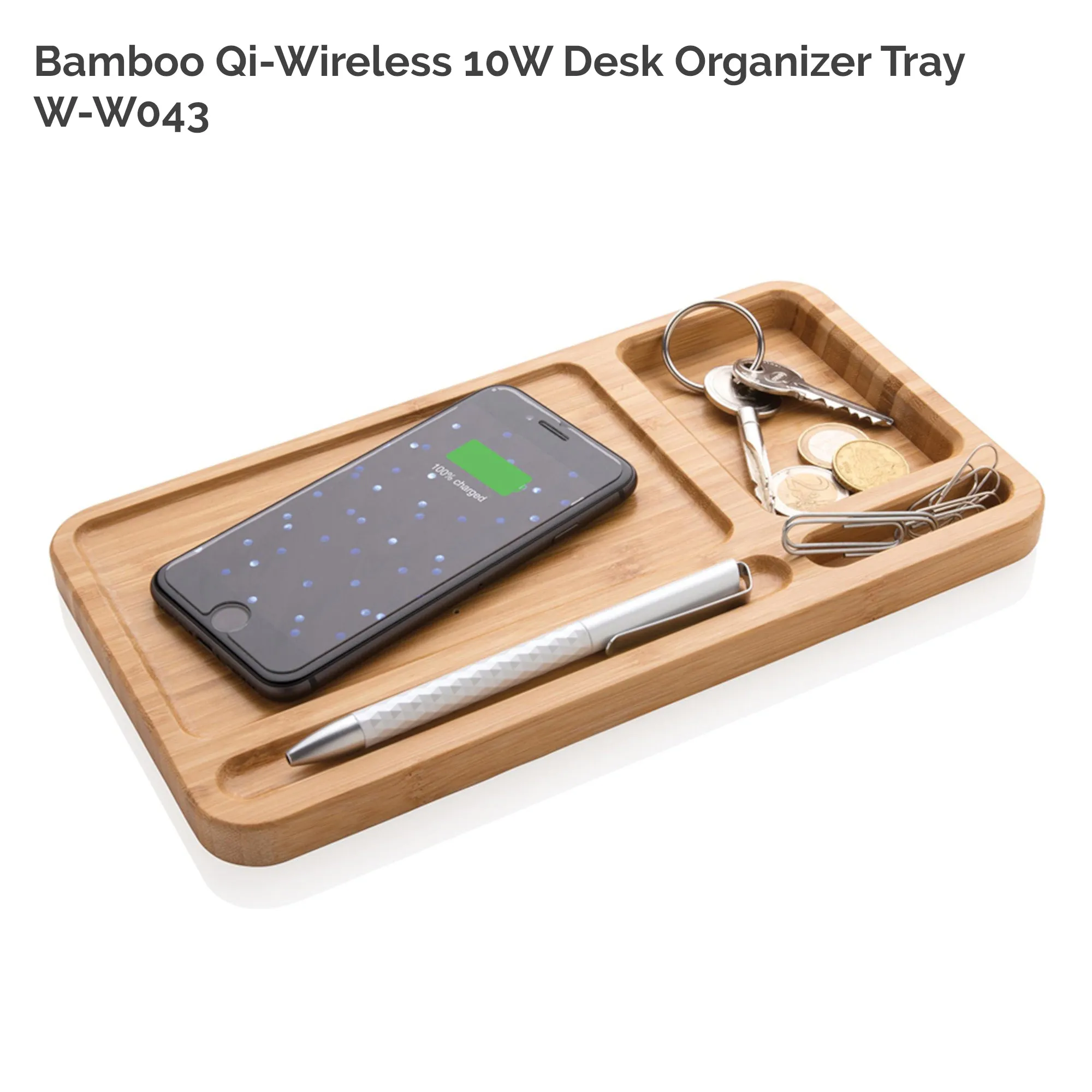 Solid Bamboo Desktop Organizer Tray with Wireless Charger (BLACKFOOT)