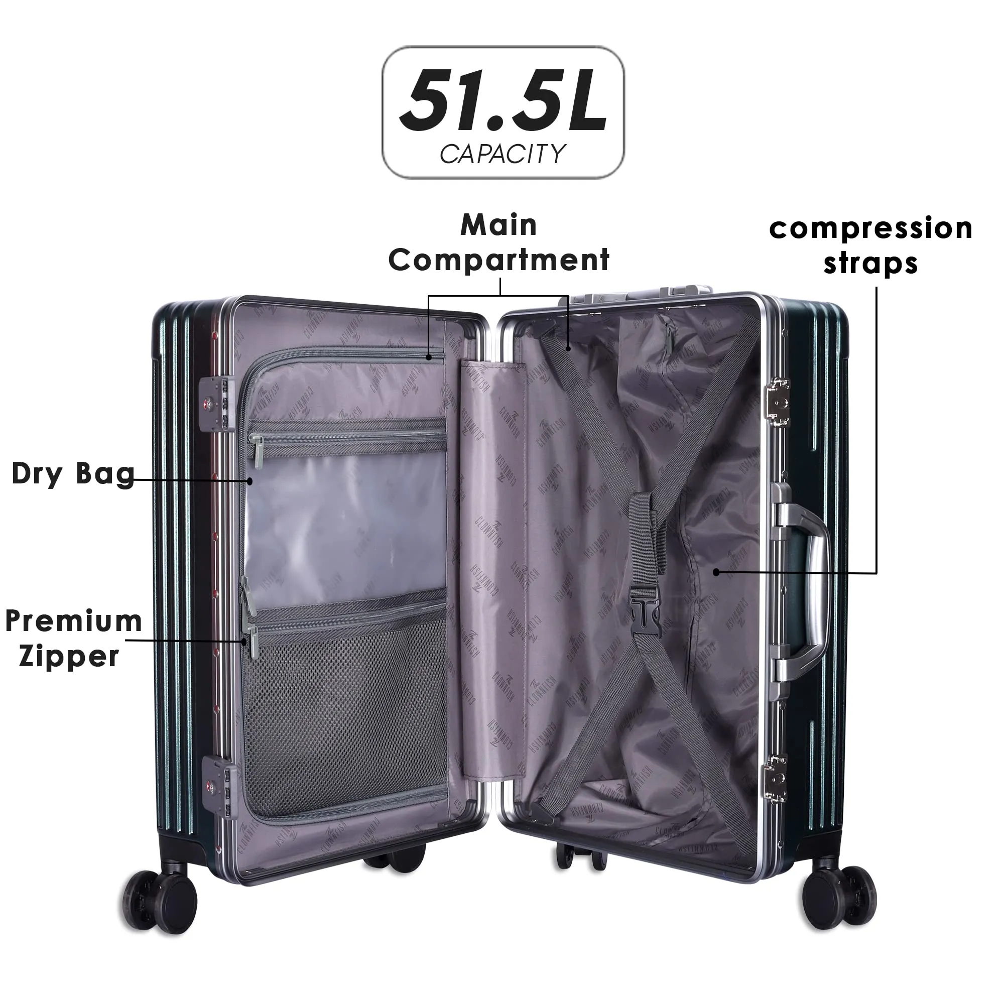 THE CLOWNFISH Ambassador Series Carry-On Luggage PolyCarbonate Hard Case Suitcase Eight Spinner Wheel Trolley Bag with TSA Lock, USB, Mobile Holder, Cup Holder- Forest Green (56 cm-22 inch)