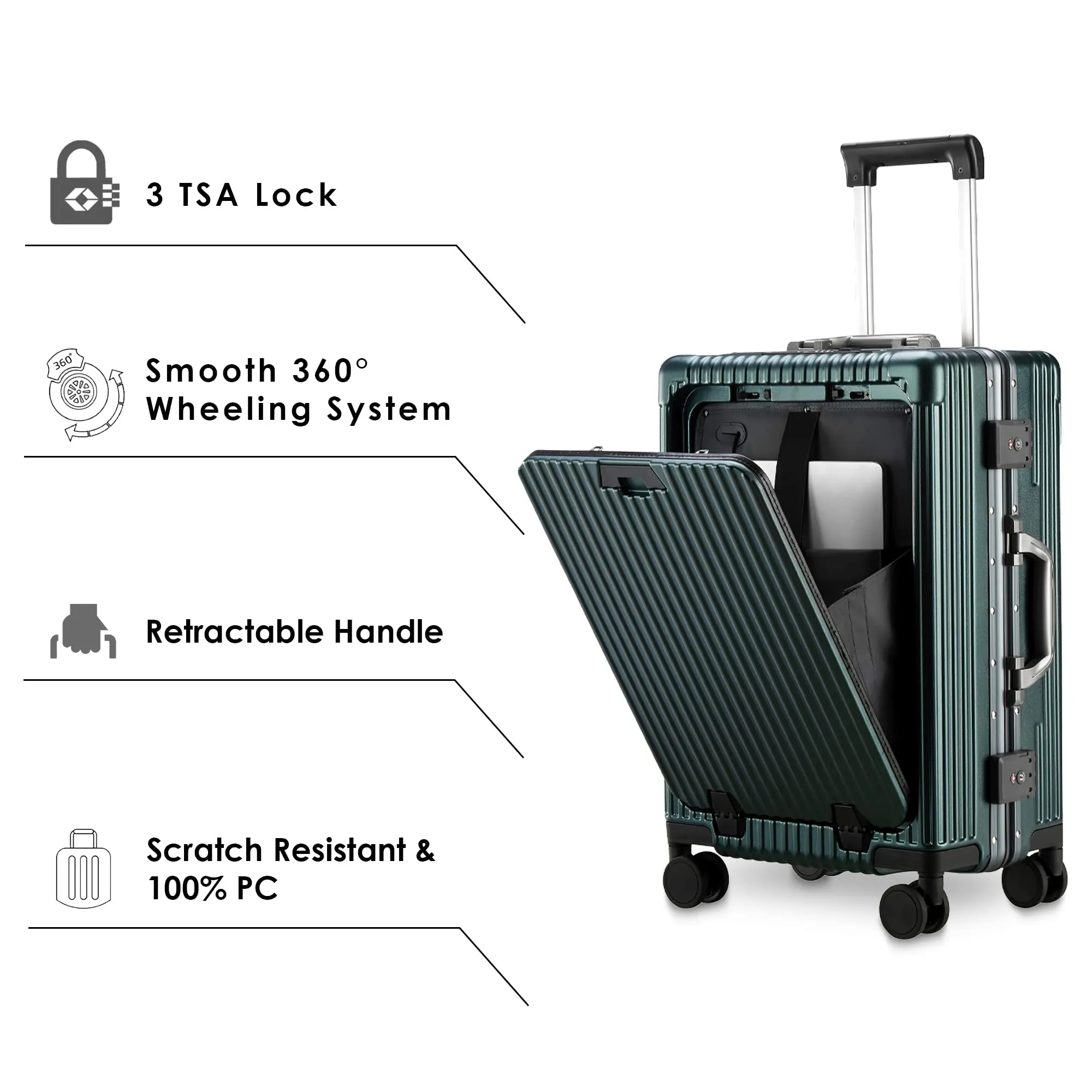 THE CLOWNFISH Ambassador Series Carry-On Luggage PolyCarbonate Hard Case Suitcase Eight Spinner Wheel Trolley Bag with TSA Lock, USB, Mobile Holder, Cup Holder- Forest Green (56 cm-22 inch)