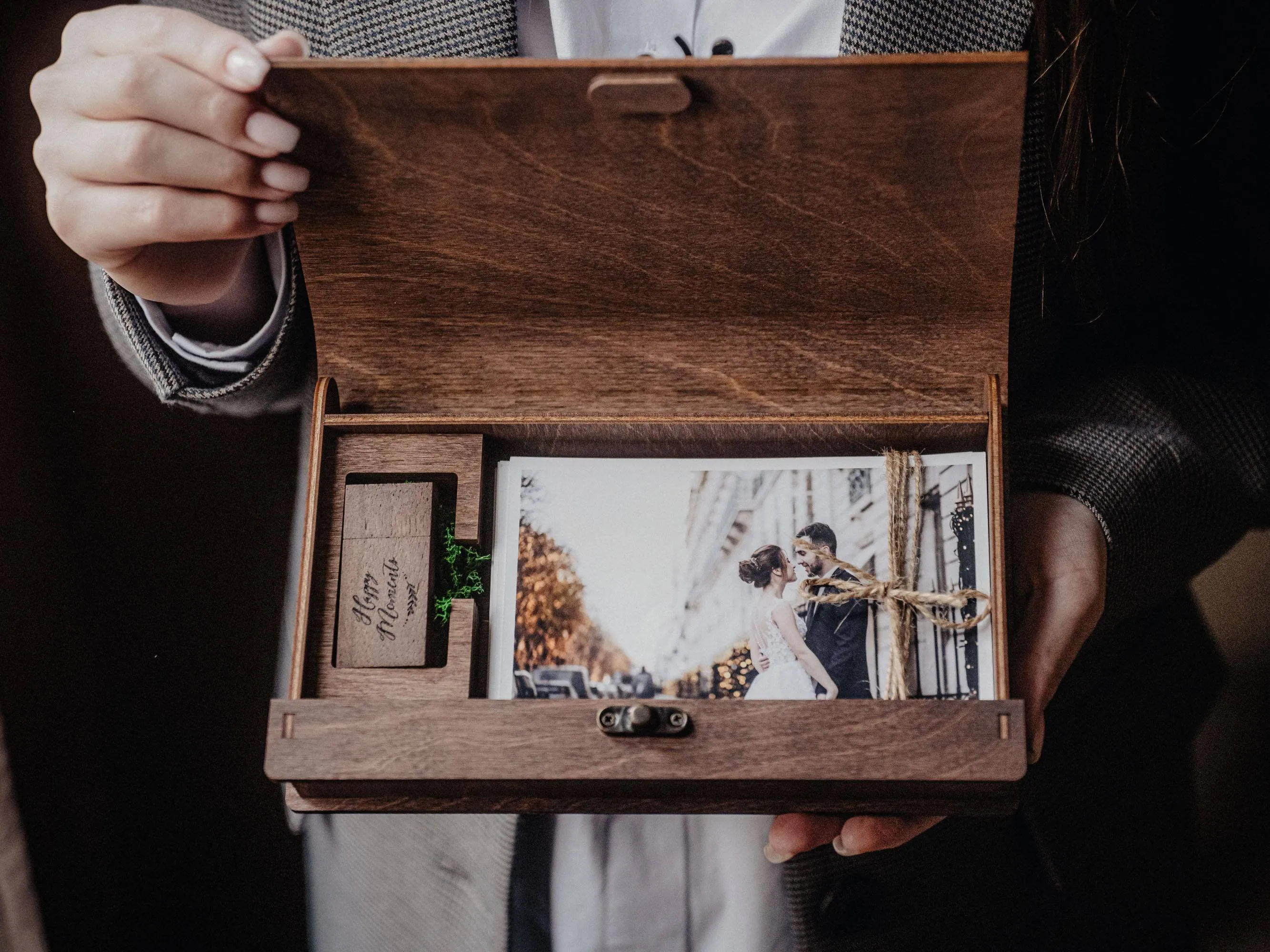 Walnut Wooden Photo Box & USB Drive for Wedding Memories