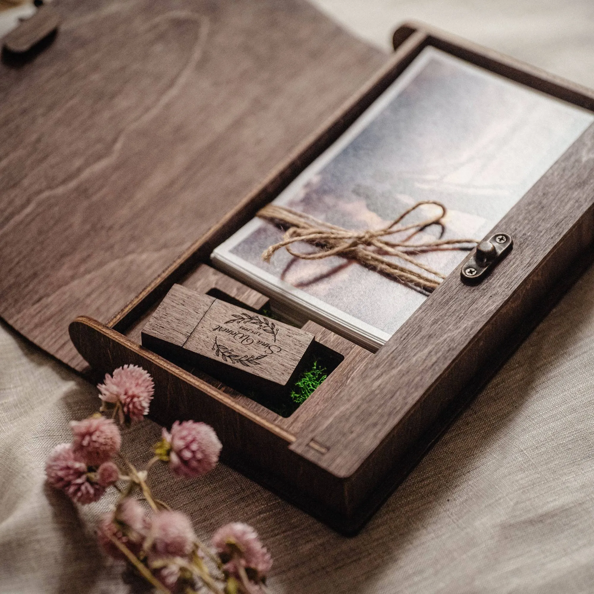 Walnut Wooden Photo Box & USB Drive for Wedding Memories