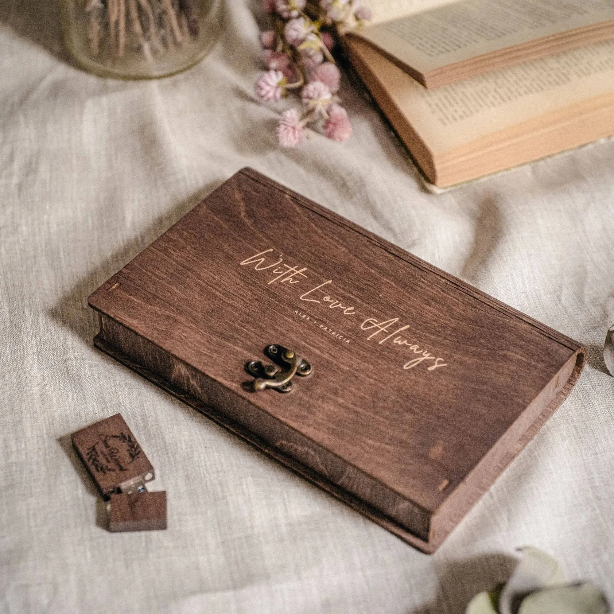 Walnut Wooden Photo Box & USB Drive for Wedding Memories